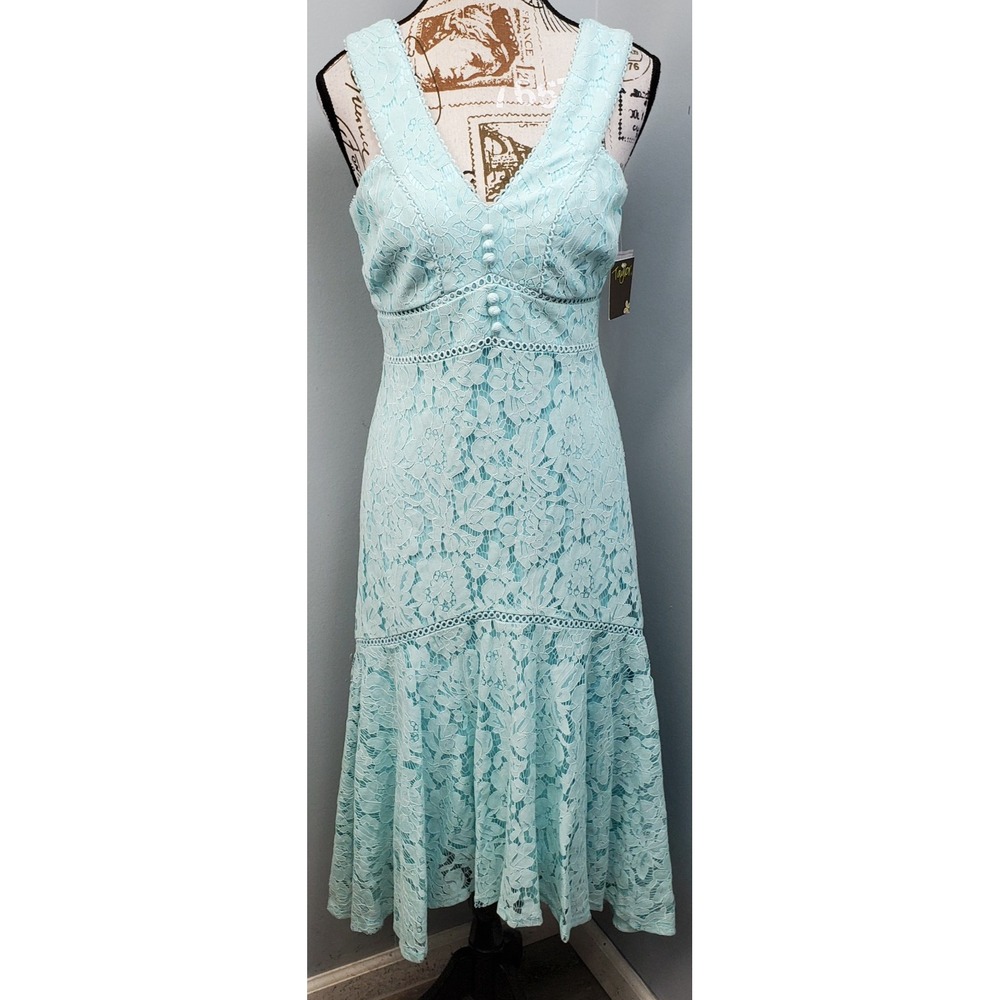 Taylor Cocktail Dress Womens 4 Blue Floral Yoke Lace Overlay Sleeveless Back Zip